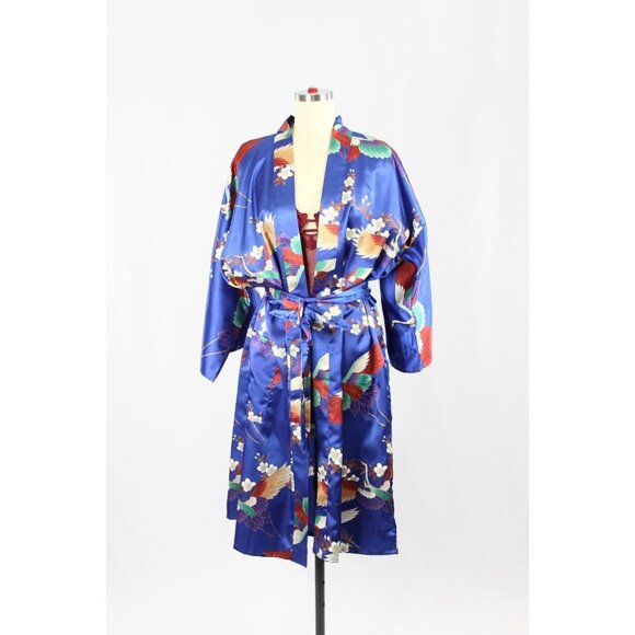 Vintage ICHIBAN Blue Oriental Floral Crane Print Satin Kimono Robe, One Size - Picture 1 of 13